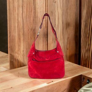 TOD'S ITALIAN SUEDE -SHOULDER STRAP PURSE - NICKEL HARDWARE- DEEP RED